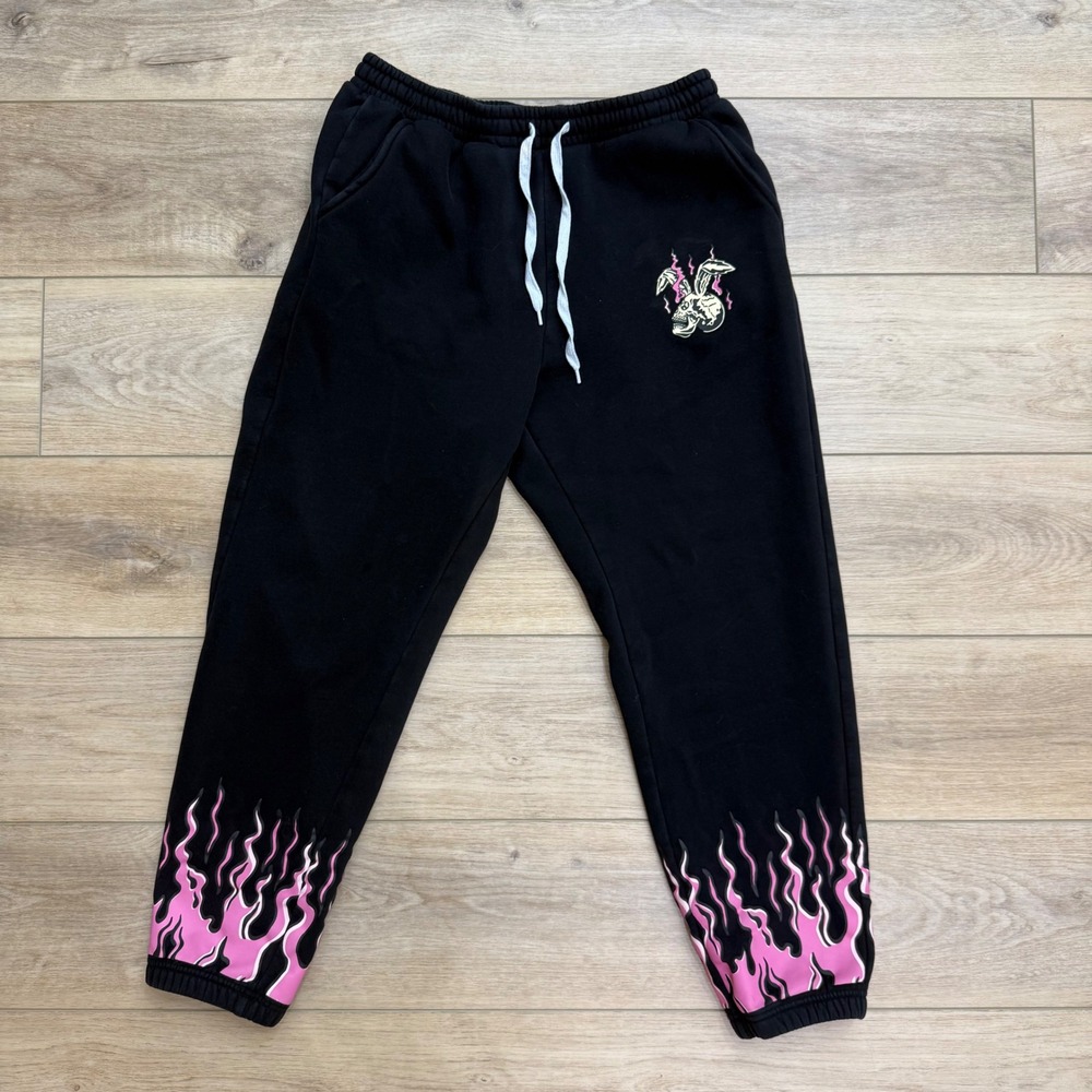 Praying Rabbit Black Pink Flame Skull Bunny Graphic Sweatpants Joggers Medium